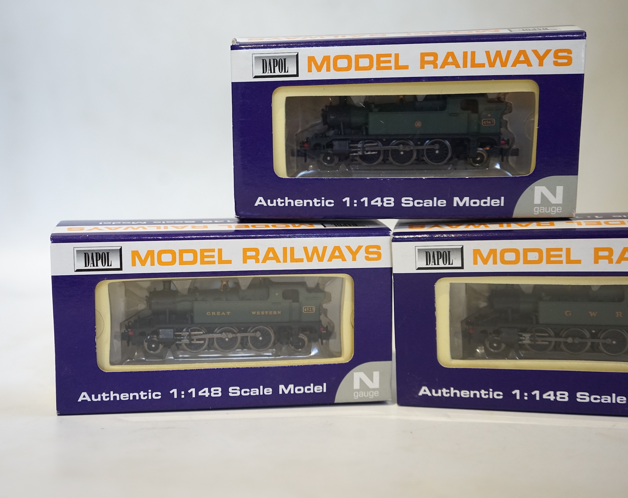 Three boxed Dapol N gauge railway GWR 45xx 2-6-2T locomotives; 4523 (ND-014), 4527 (ND-023), and 4567 (ND-020). Condition - good.